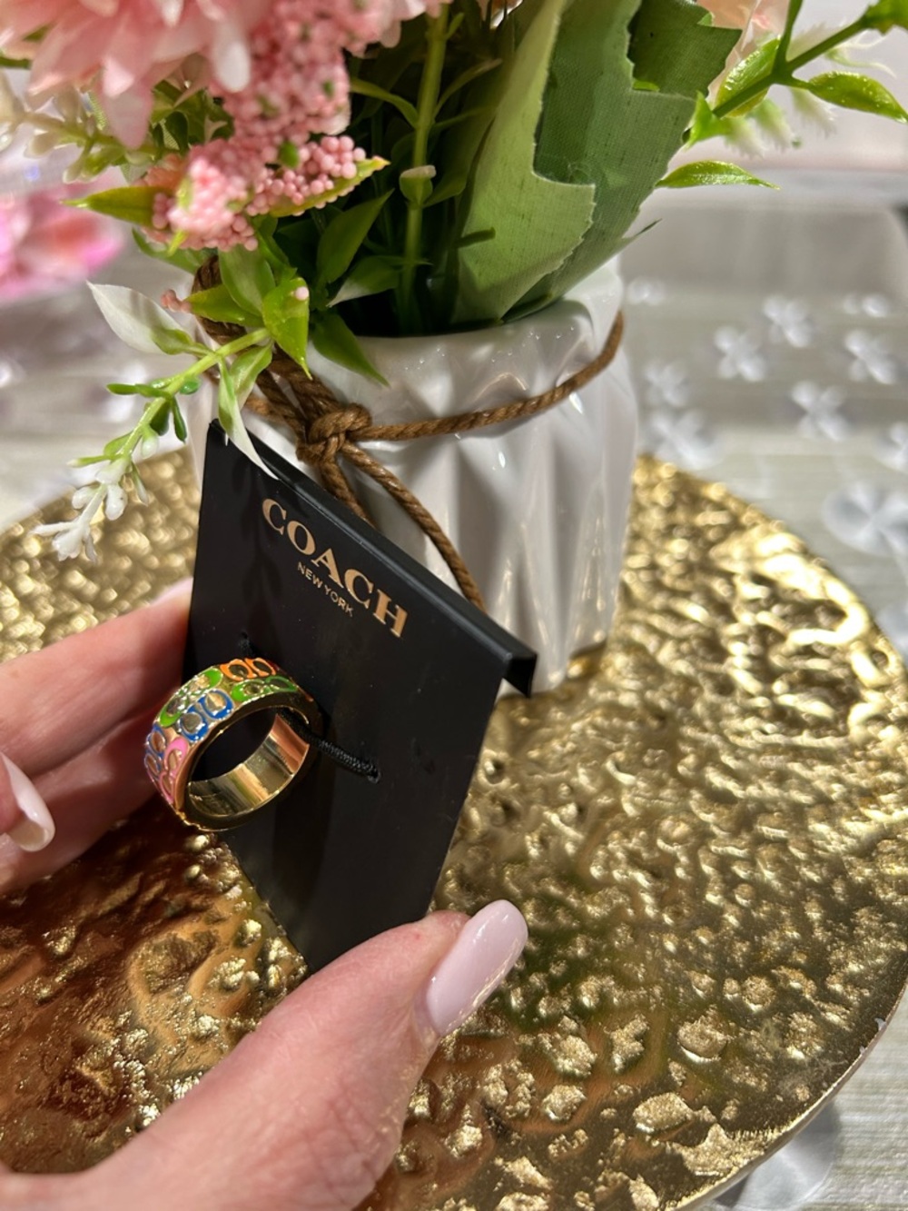 Coach Multicolor Enamel Signature Ring Gold Tone Wide Band 6.5”. NWT. - Picture 3 of 5